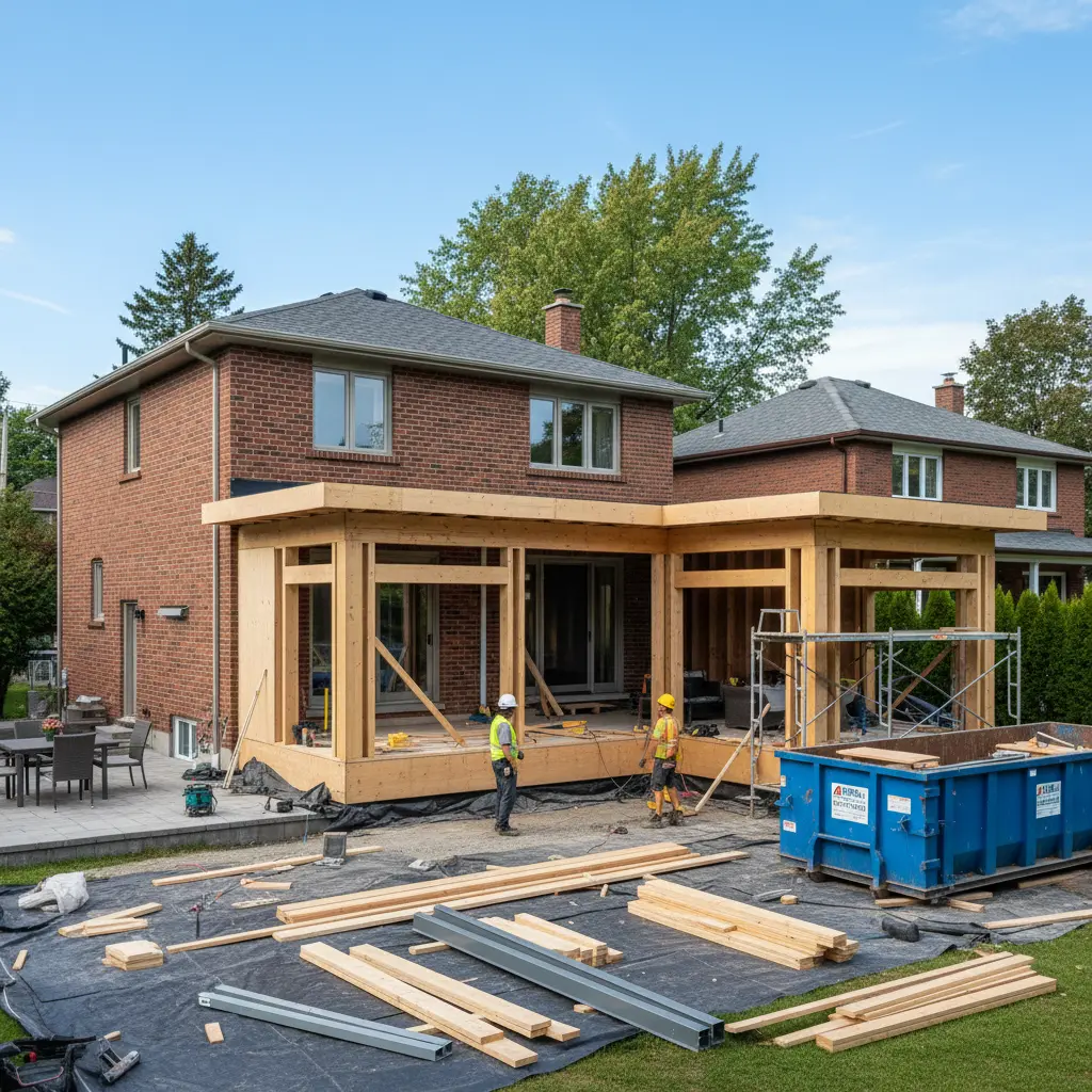 Modern residential home extension under construction in Quebec with wood framing.