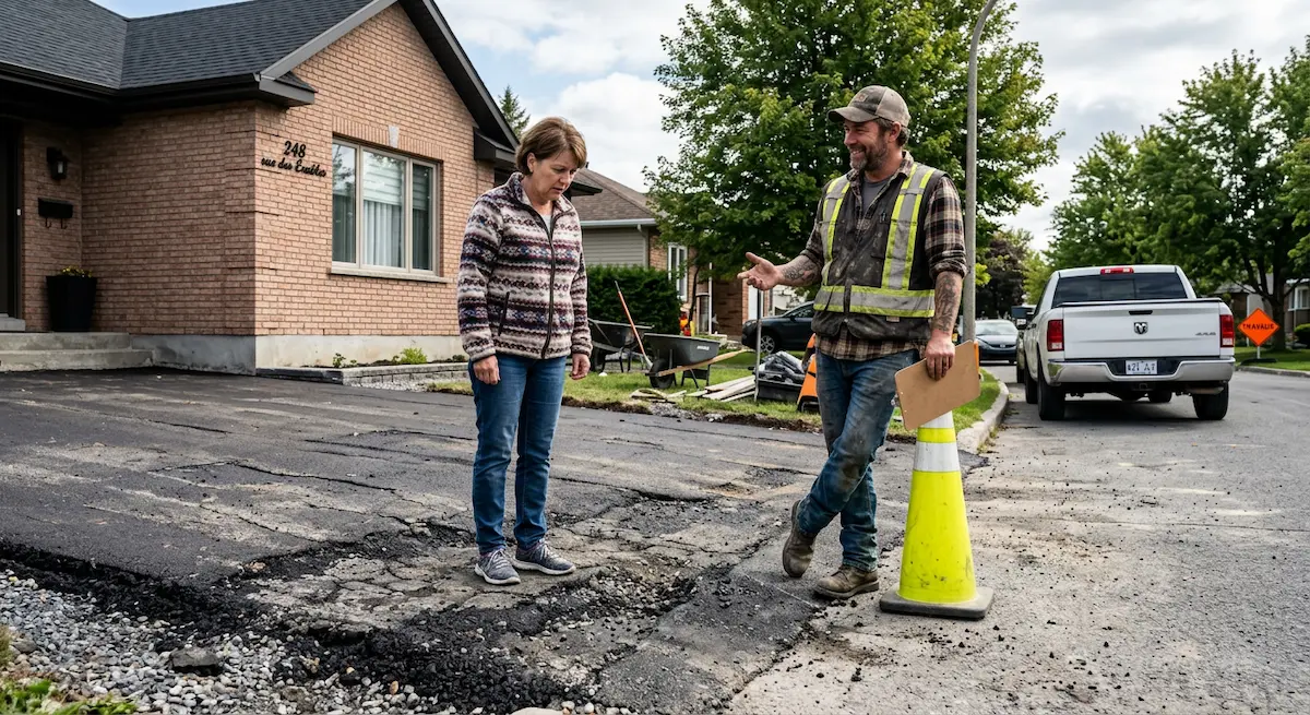 Propriétaire québécois constatant une arnaque d'asphalte avec un faux entrepreneur