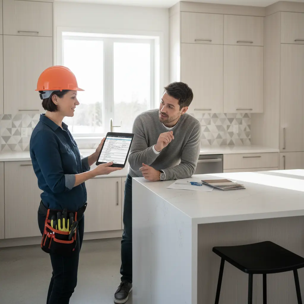 Entrepreneur expliquant un budget de rénovation à un client au Québec