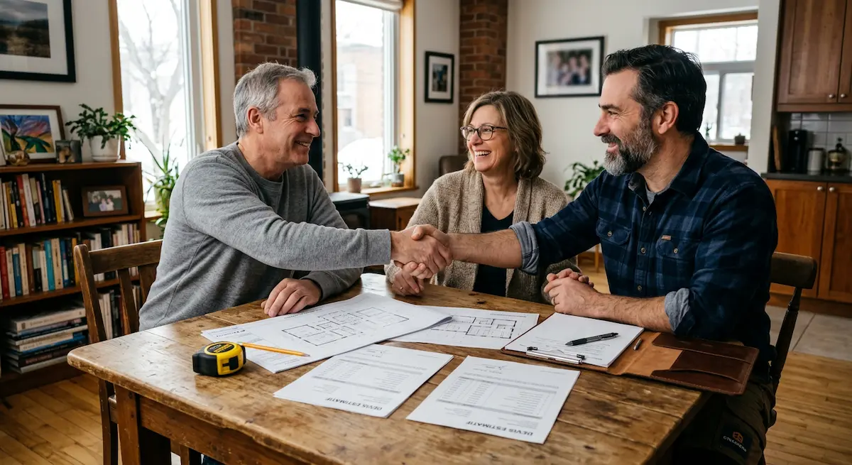 Homeowner couple comparing renovation quotes with a contractor in Quebec