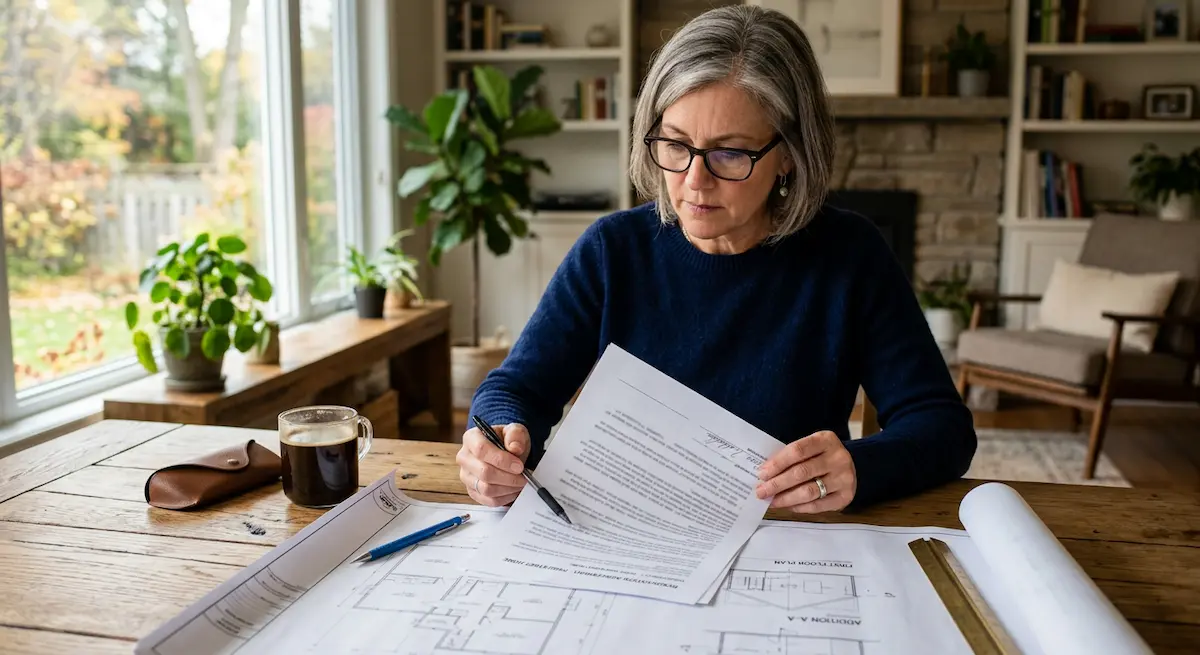 Propriétaire lisant attentivement un contrat de rénovation avant de le signer