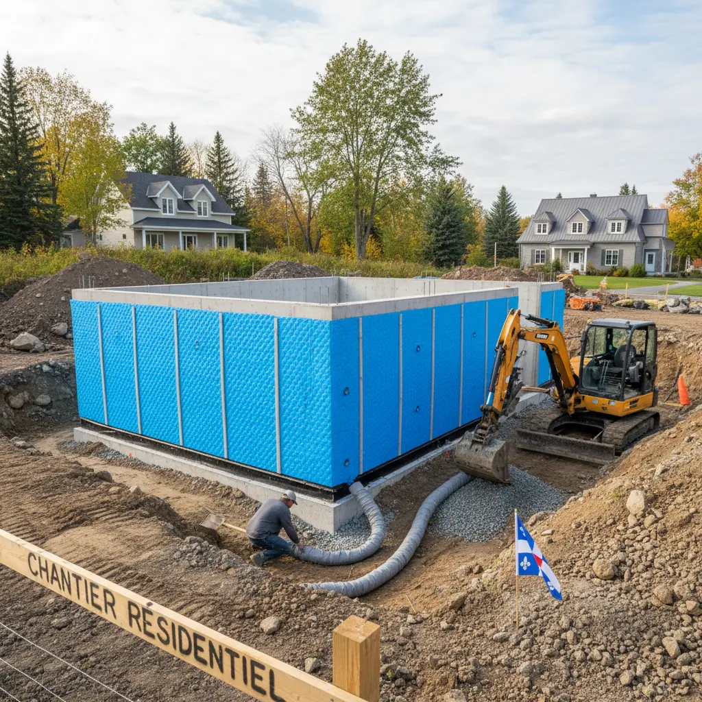 French drain and waterproofing membrane installation on a Quebec home