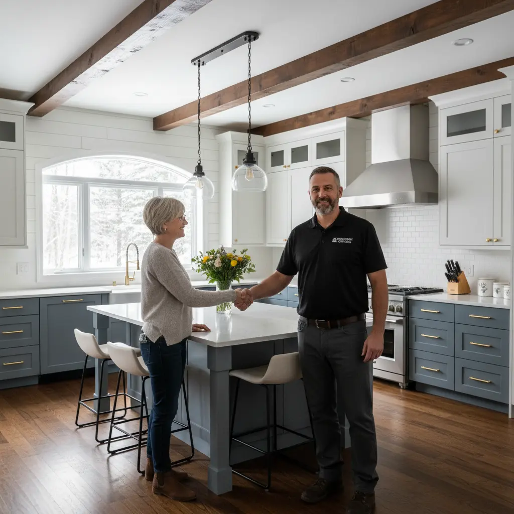 Contractor and homeowner shaking hands in a renovated Quebec kitchen