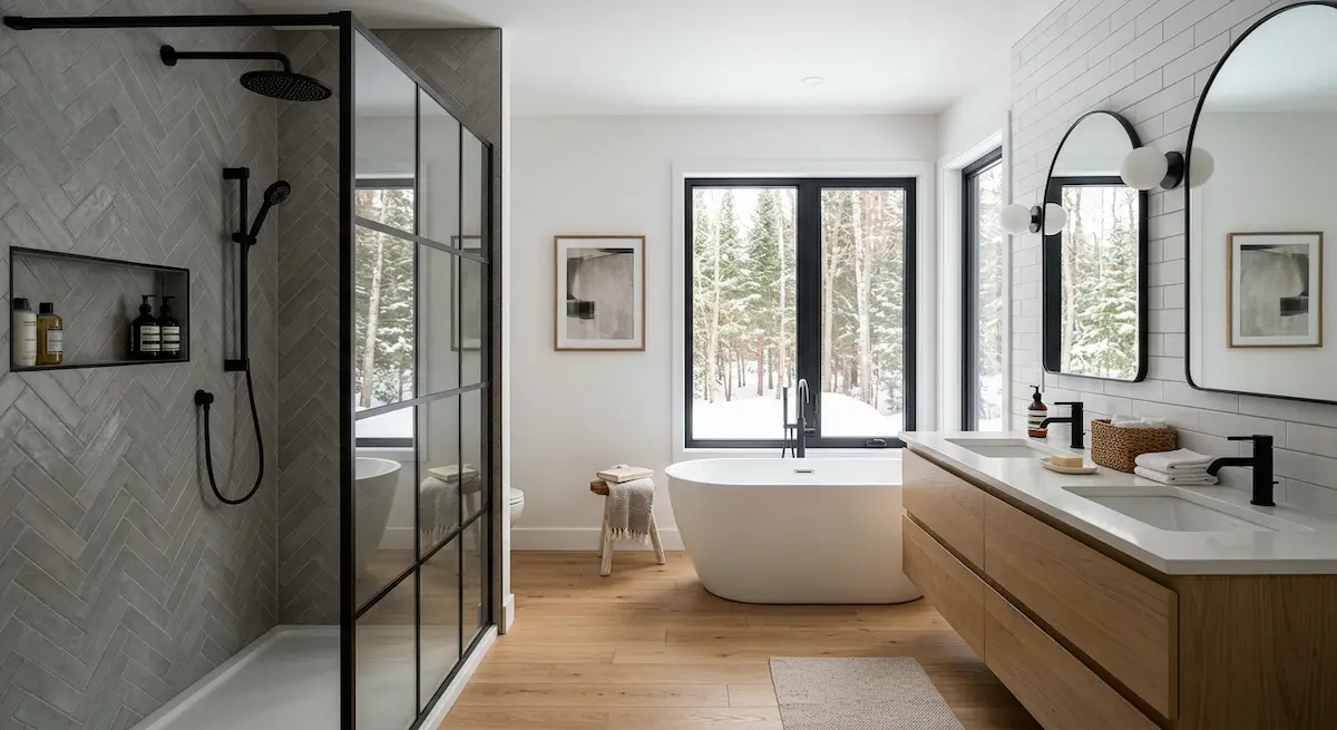Rénovation de salle de bain moderne au Québec avec douche à l'italienne et bain autoportant