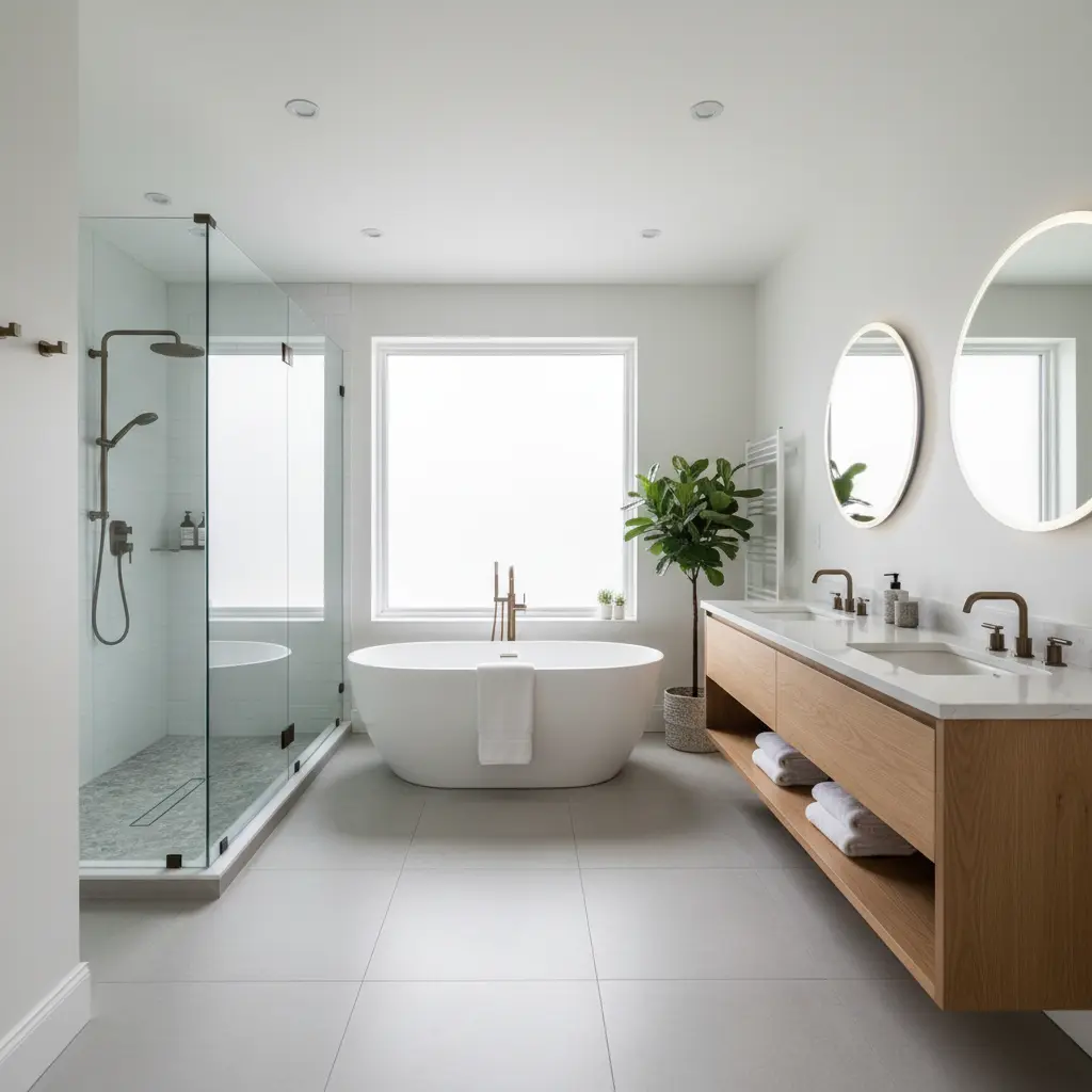Rénovation de salle de bain moderne avec douche vitrée et bain autoportant au Québec