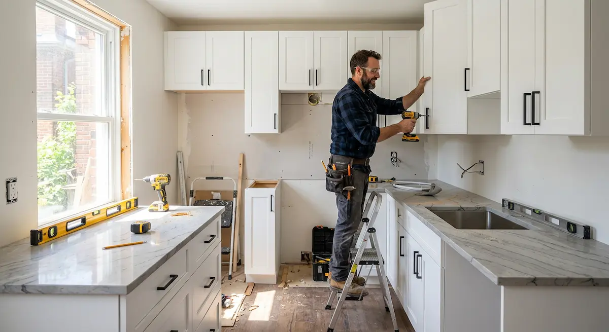 Rénovation de cuisine en cours dans une maison du Québec avec nouvelles armoires blanches