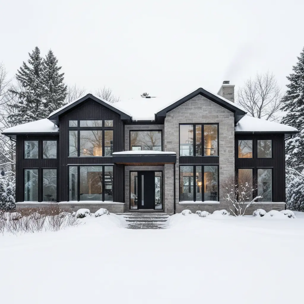 Modern black energy-efficient windows in a Quebec home during winter