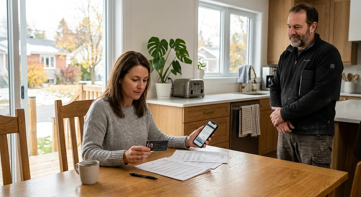 Quebec homeowner checking a contractor's RBQ licence before renovations begin